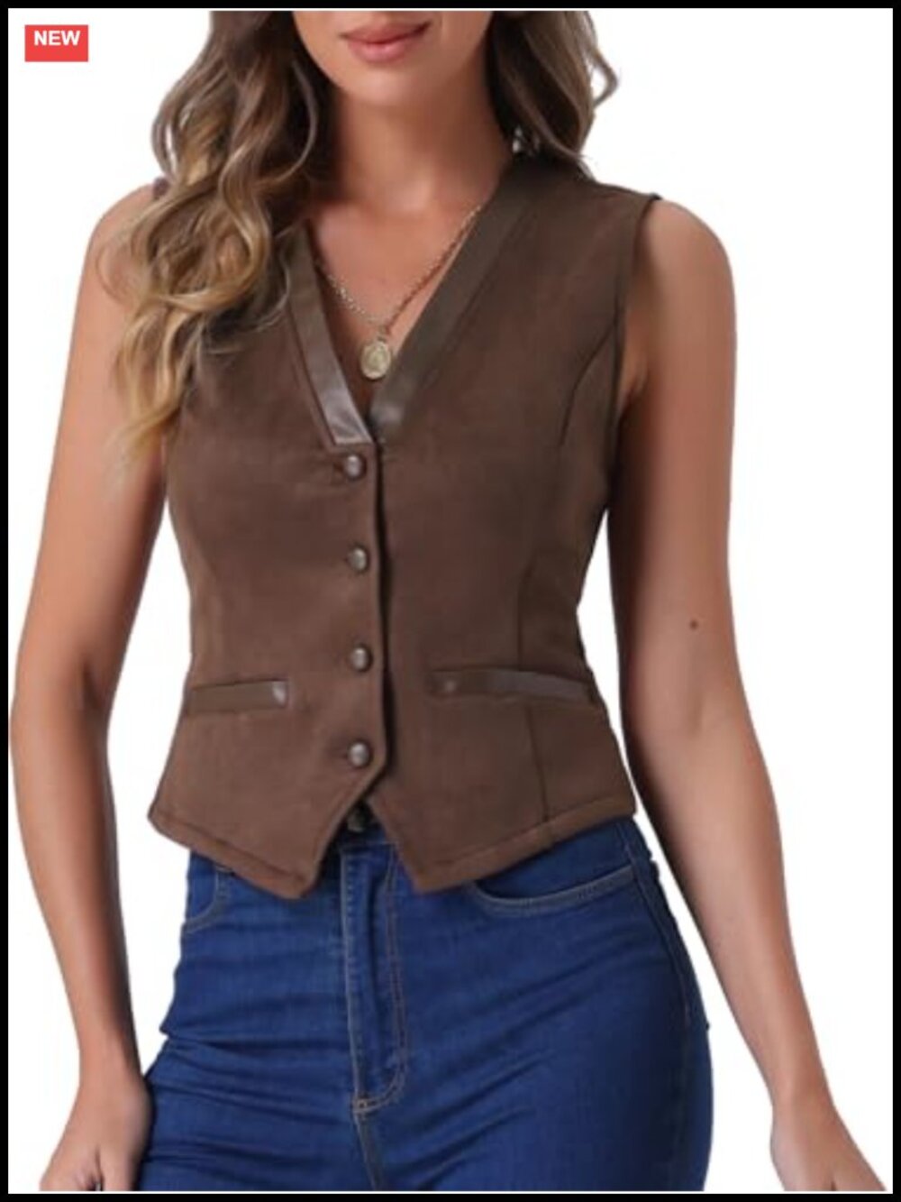 Faux Suede V Neck Button Down Sleeveless Vest Women's Waistcoat